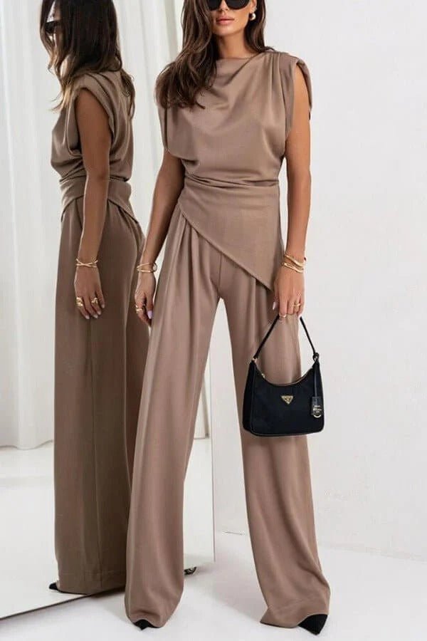 Women’s Draped Two - Piece Set with Sleeveless Top and Wide - Leg Pants
