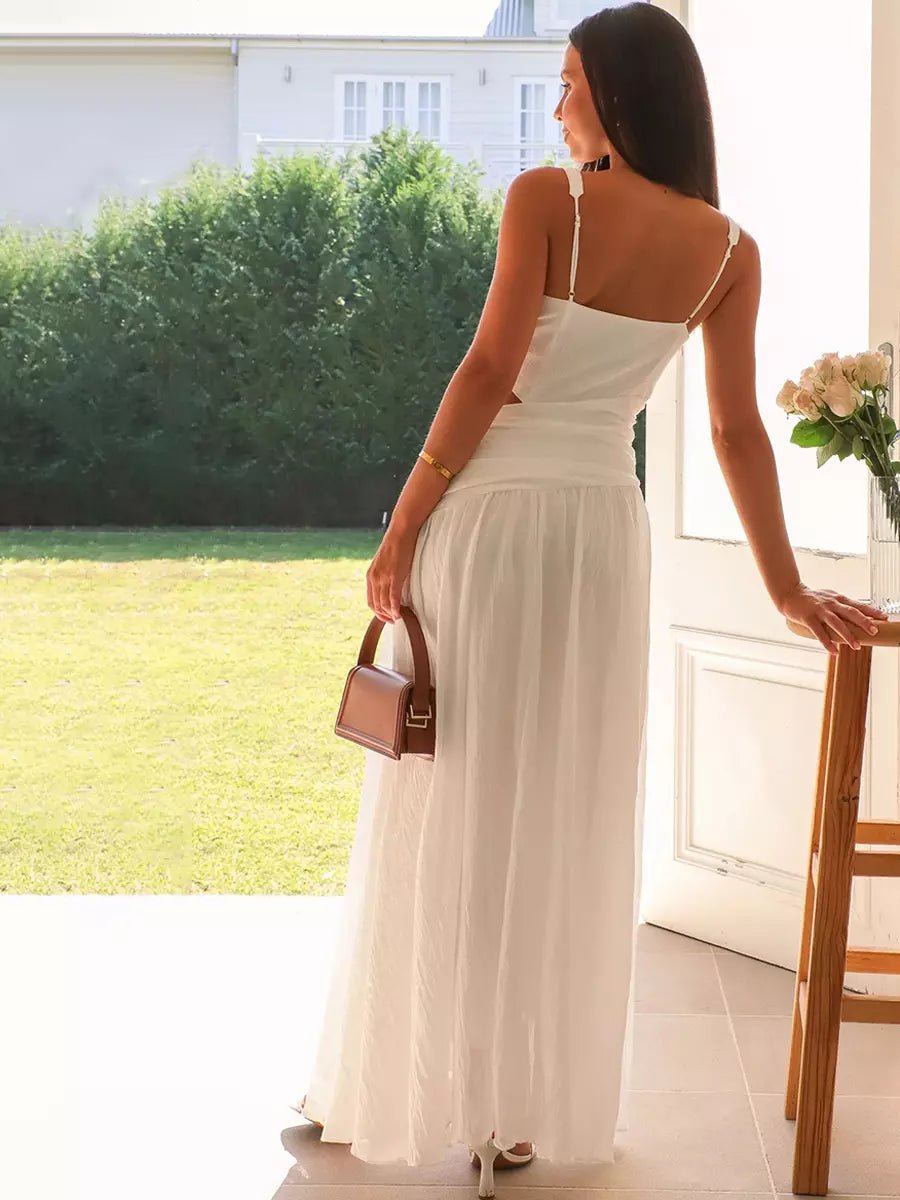 Women’s Drop Waist Maxi Dress with V - Neck and Side Cut - Out