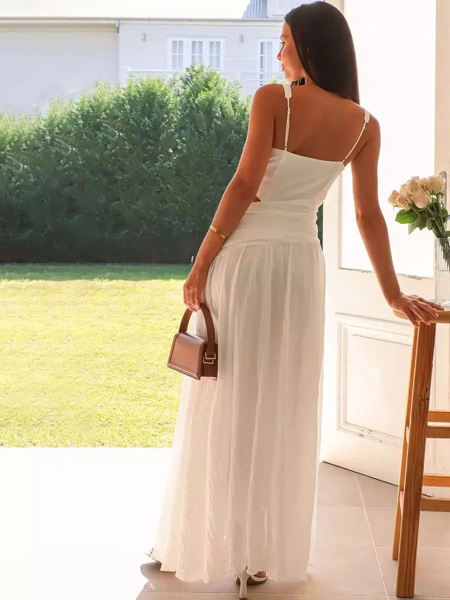 Women’s Drop Waist Maxi Dress with V - Neck and Side Cut - Out