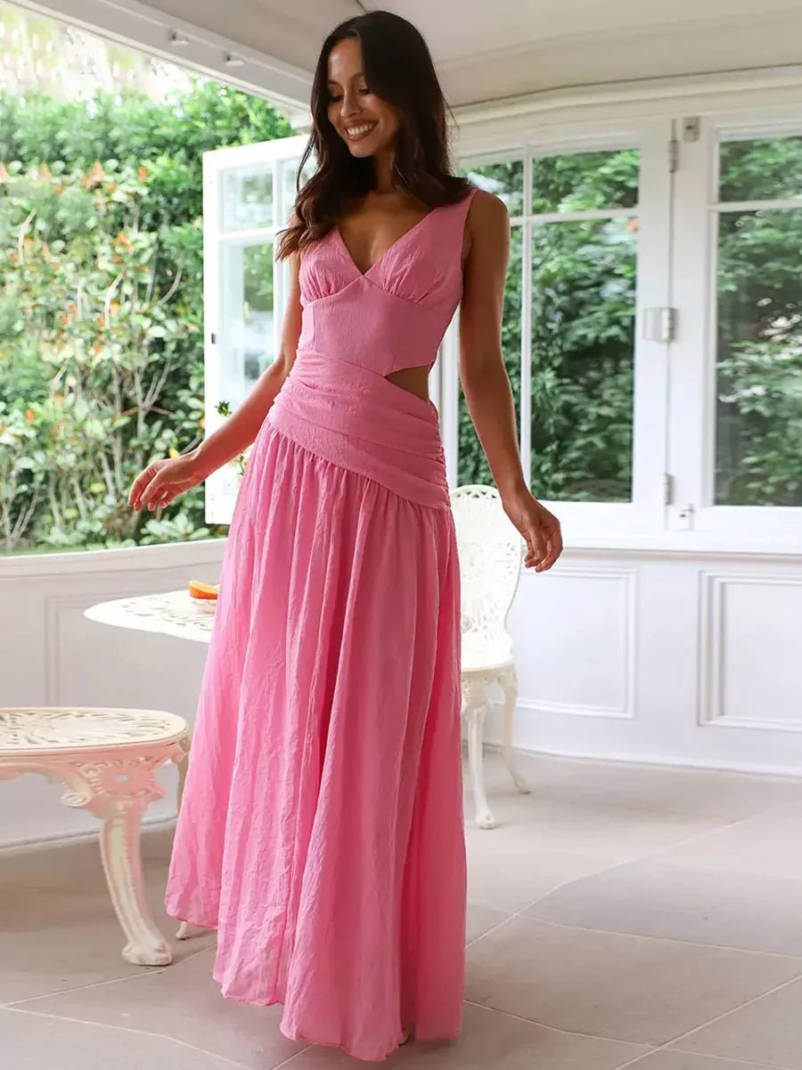 Women’s Drop Waist Maxi Dress with V - Neck and Side Cut - Out