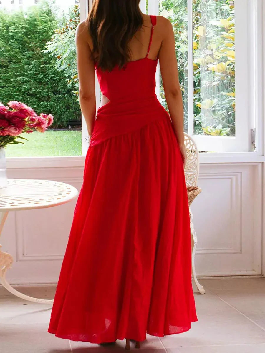 Women’s Drop Waist Maxi Dress with V - Neck and Side Cut - Out