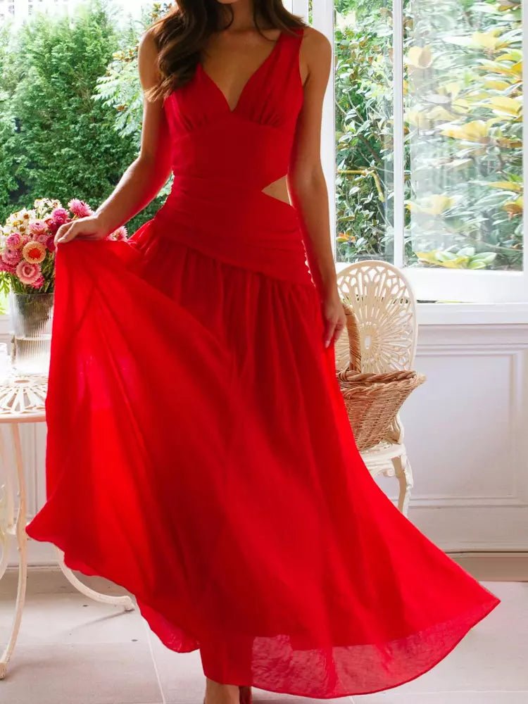 Women’s Drop Waist Maxi Dress with V - Neck and Side Cut - Out