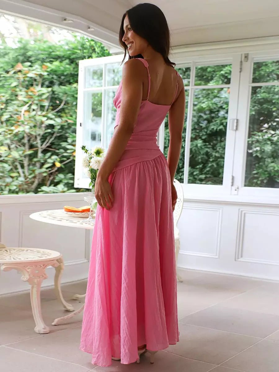 Women’s Drop Waist Maxi Dress with V - Neck and Side Cut - Out