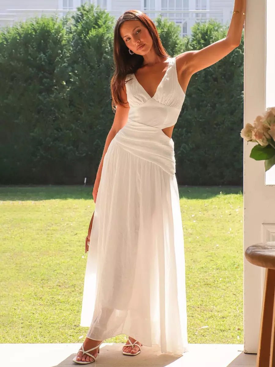 Women’s Drop Waist Maxi Dress with V - Neck and Side Cut - Out