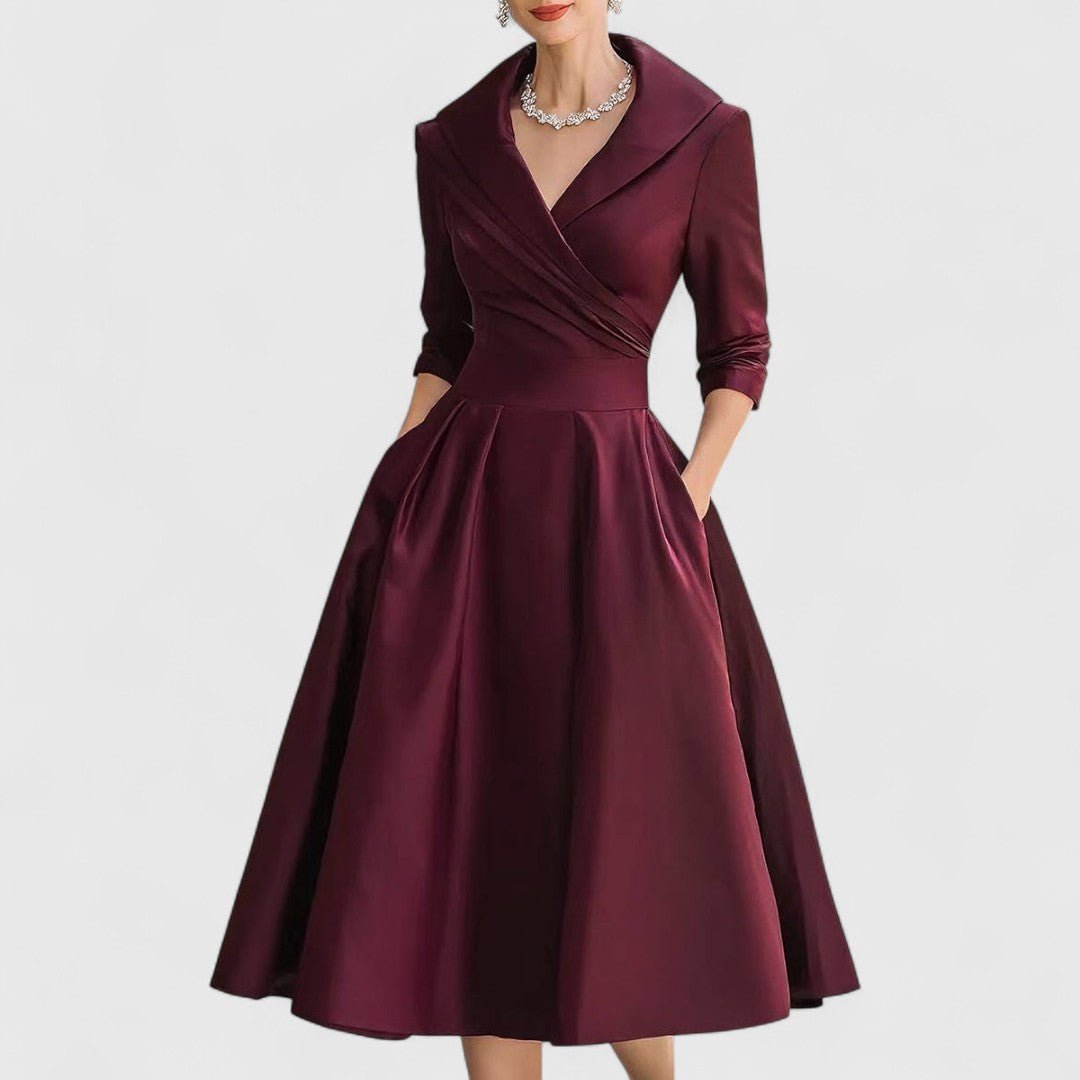 Women’s Elegant Wrap - Style Midi Dress with Pleated Skirt for Formal Occasions