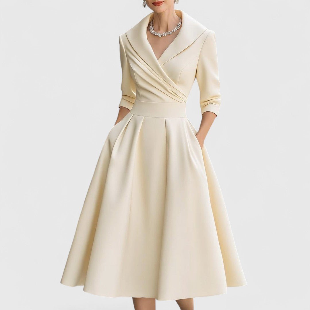 Women’s Elegant Wrap - Style Midi Dress with Pleated Skirt for Formal Occasions