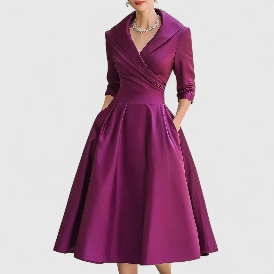 Women’s Elegant Wrap - Style Midi Dress with Pleated Skirt for Formal Occasions