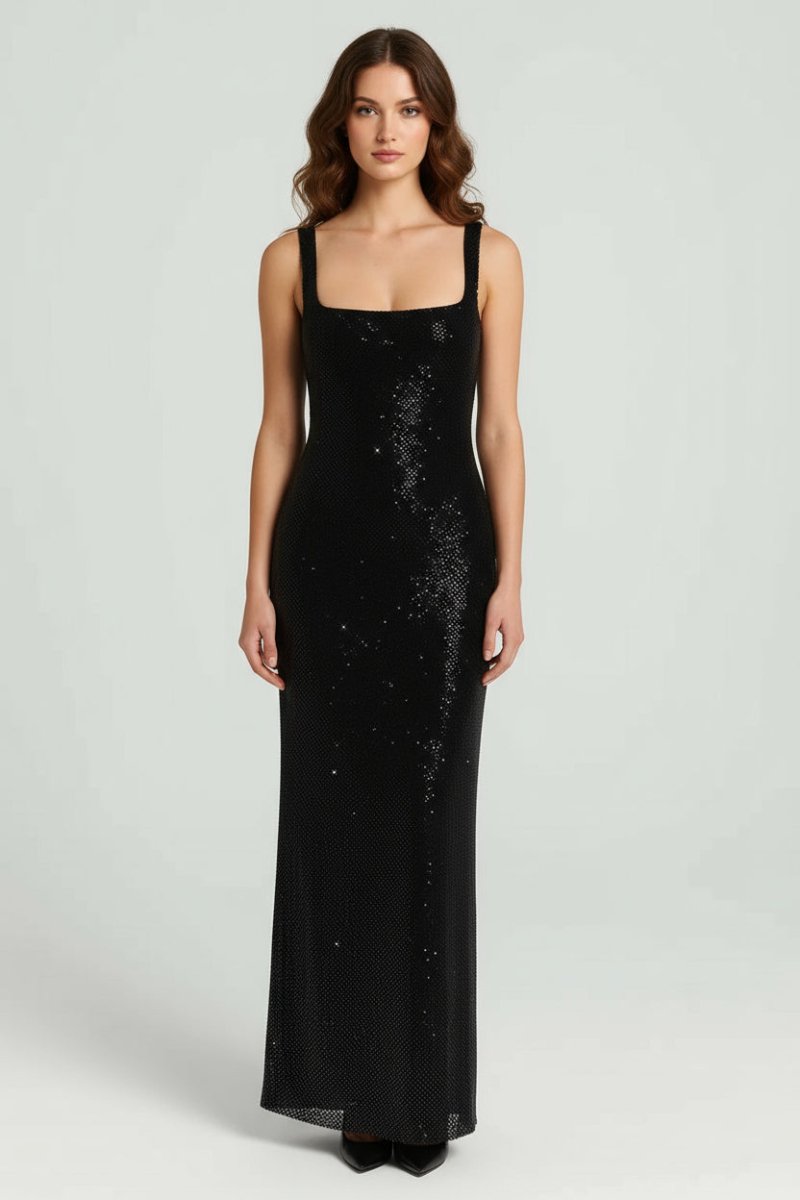 Women's Embellished Maxi Evening Dress – Square Neck Fitted Silhouette