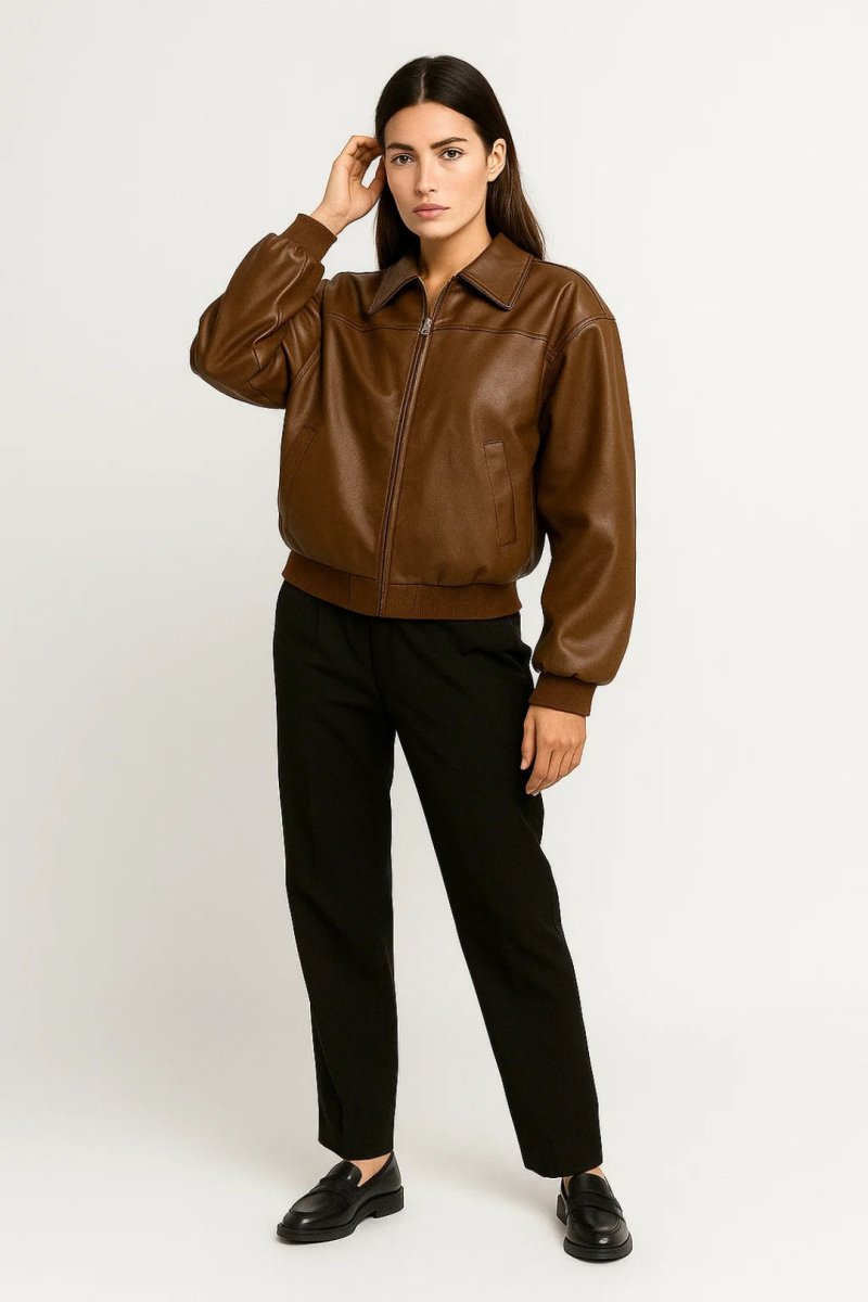 Women’s Faux Jacket – Zip - Up Bomber with Relaxed Fit