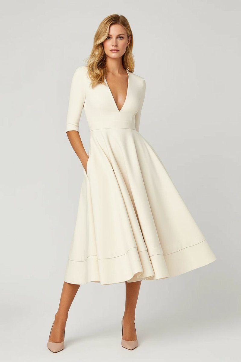 Women’s Flared Midi Dress – V - Neck Three - Quarter Sleeve Elegant Silhouette