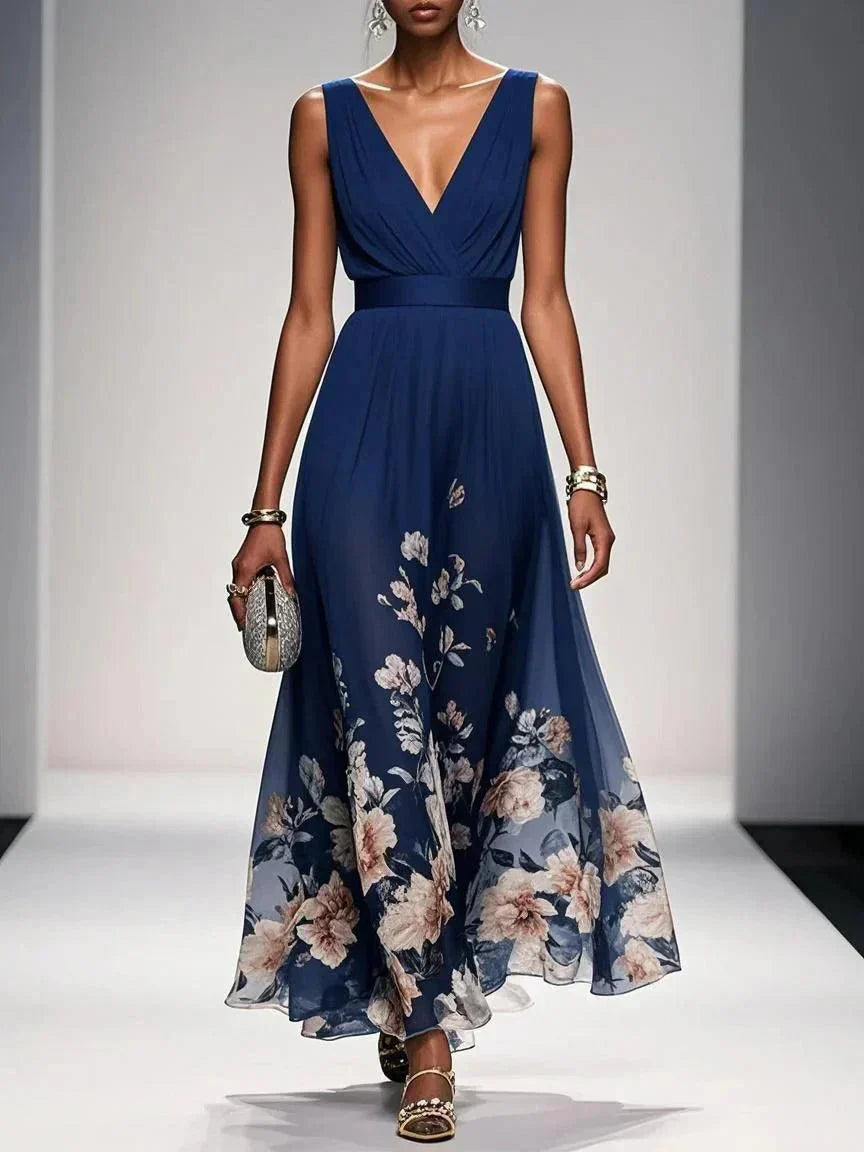 Women’s Floral Maxi Dress with V - Neck Sleeveless Design and Pleated Bodice