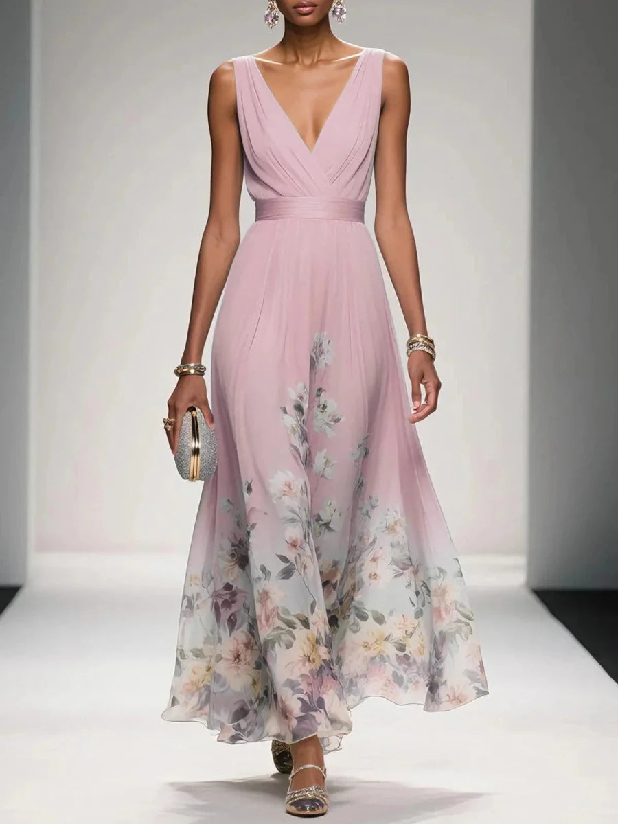 Women’s Floral Maxi Dress with V - Neck Sleeveless Design and Pleated Bodice