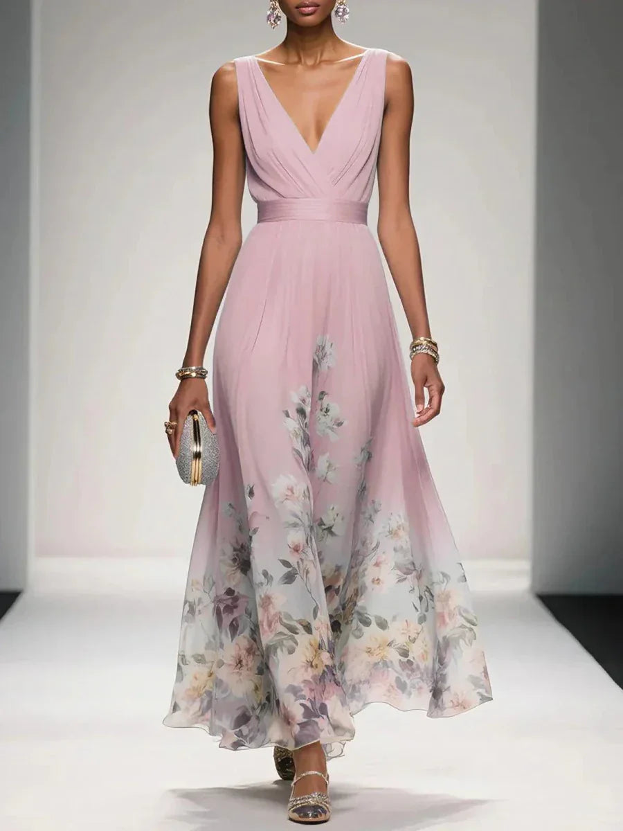 Women’s Floral Maxi Dress with V - Neck Sleeveless Design and Pleated Bodice