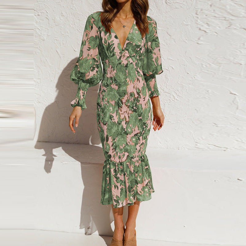 Women’s Floral Midi Dress – Elegant V - Neck Silhouette for Summer Occasions