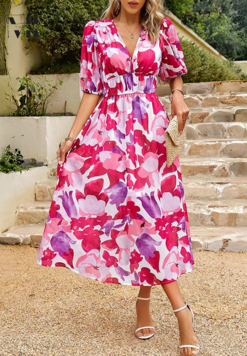 Women’s Floral Print Midi Dress with V - Neck and Short Puff Sleeves