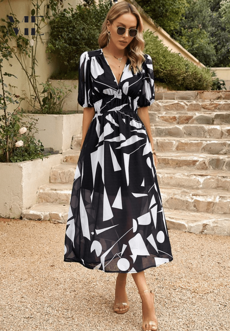 Women’s Floral Print Midi Dress with V - Neck and Short Puff Sleeves