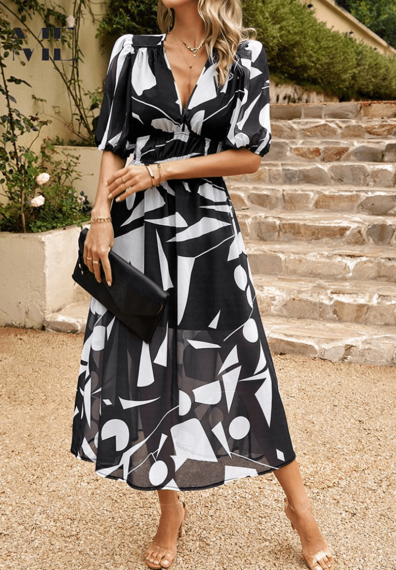 Women’s Floral Print Midi Dress with V - Neck and Short Puff Sleeves
