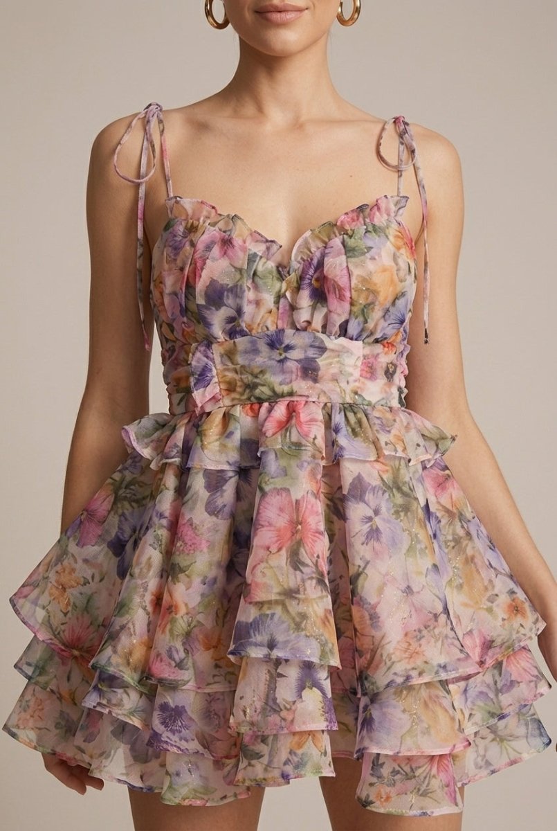 Women's Floral Print Tiered Mini Dress - Tie Straps Bustier