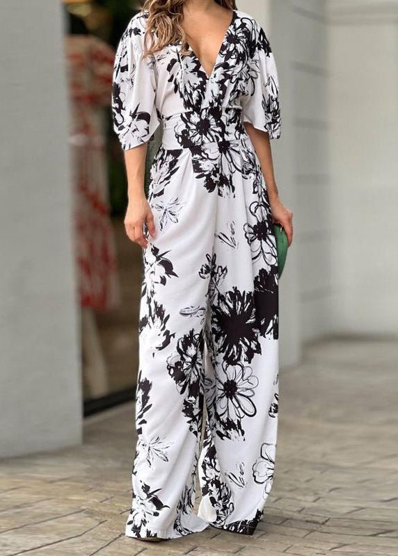 Women’s Floral V - Neck Jumpsuit - Wide Sleeve Waist - Cinched