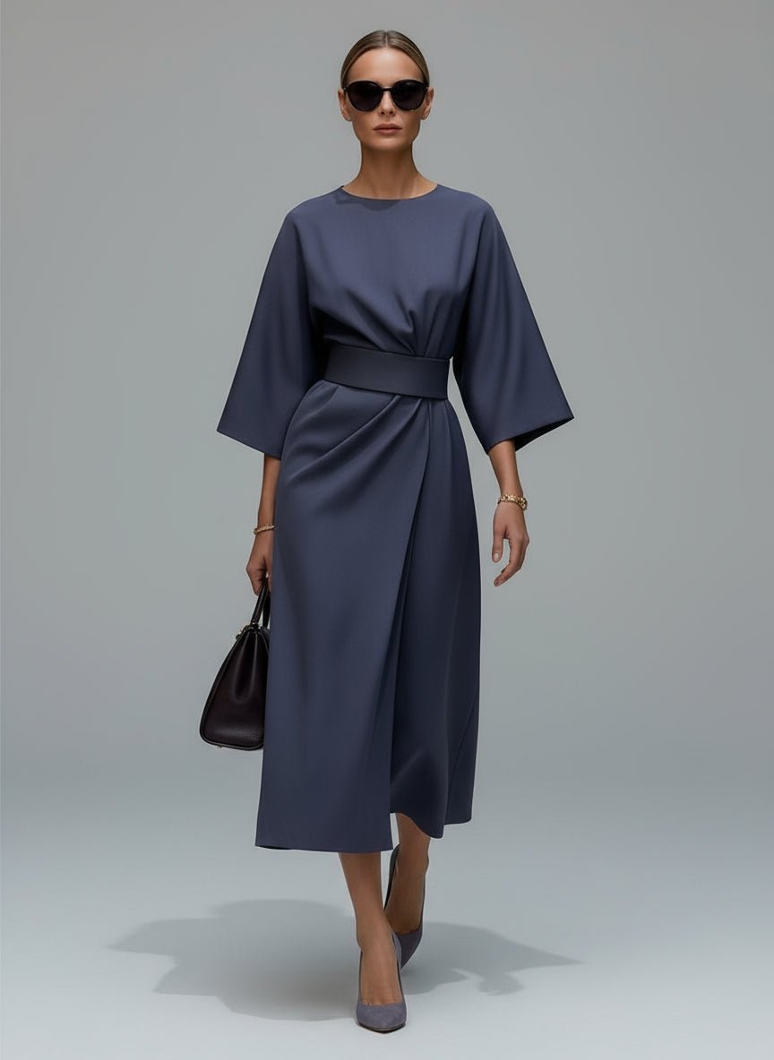 Women’s Flowy Belted Maxi Dress – Elegant Wide - Sleeve Design