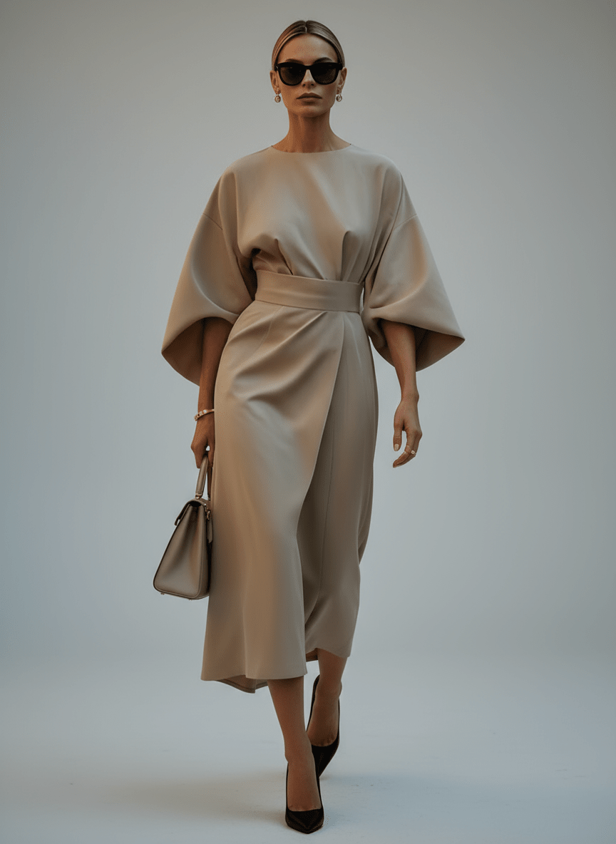 Women’s Flowy Belted Maxi Dress – Elegant Wide - Sleeve Design