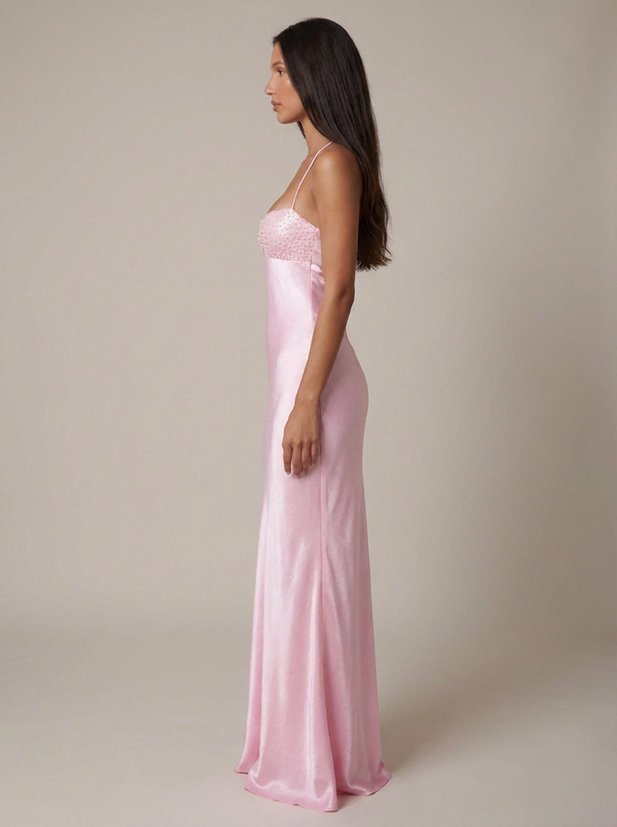 Women's Satin Maxi Dress Beaded Bustier Halter Neck