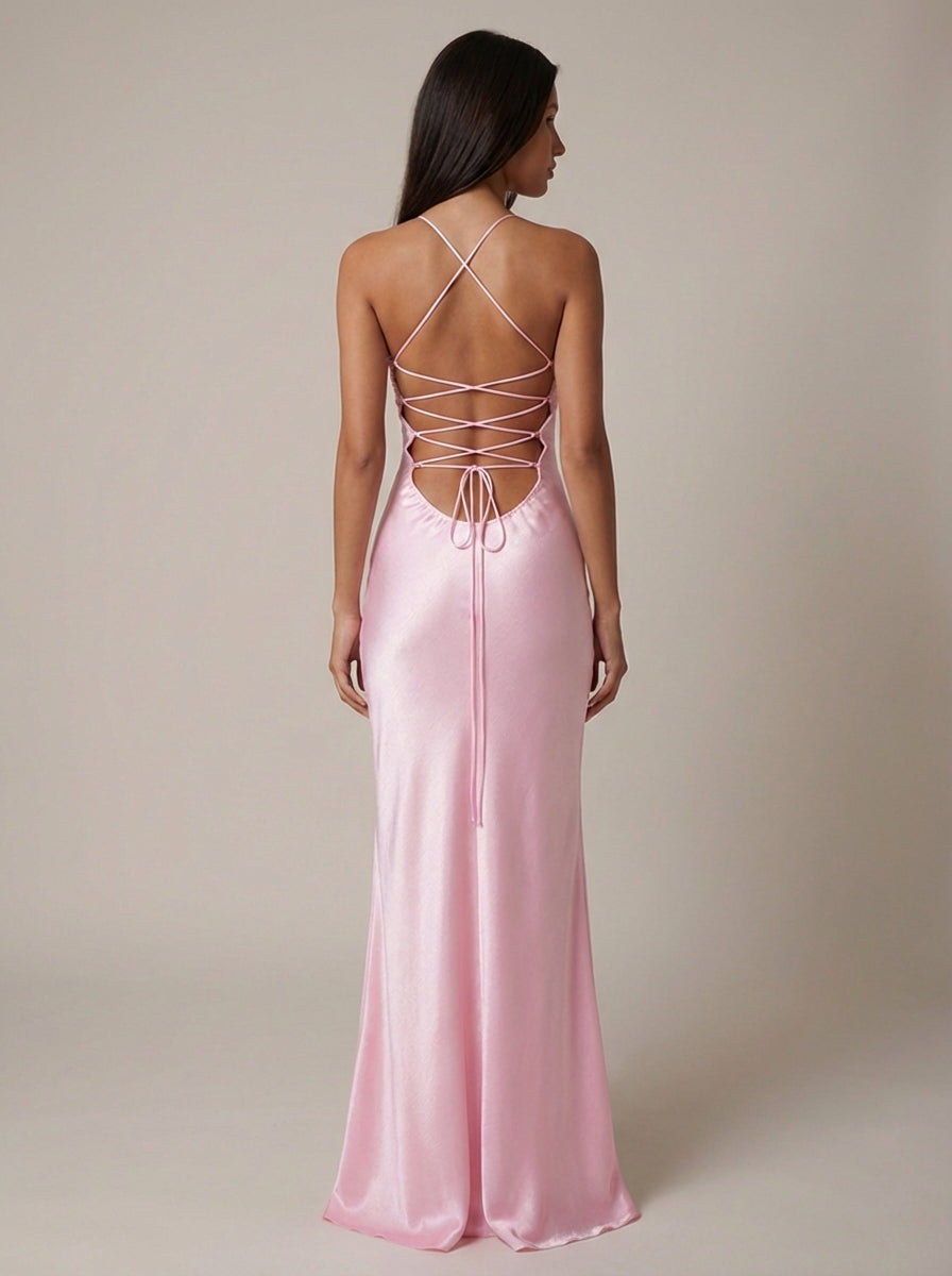 Women's Satin Maxi Dress Beaded Bustier Halter Neck
