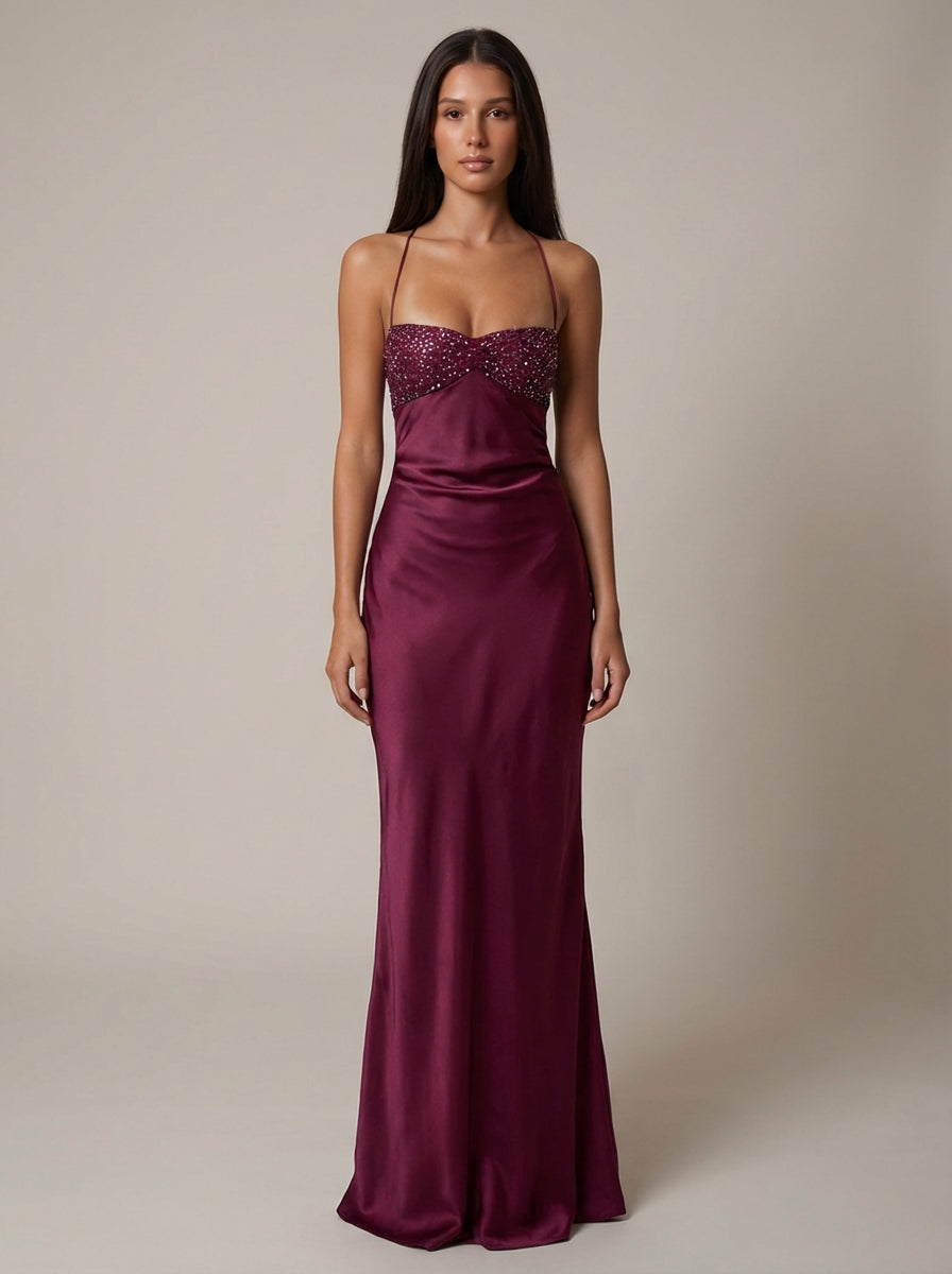 Women's Satin Maxi Dress Beaded Bustier Halter Neck