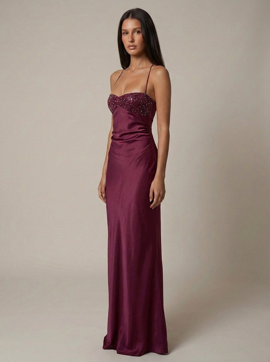 Women's Satin Maxi Dress Beaded Bustier Halter Neck