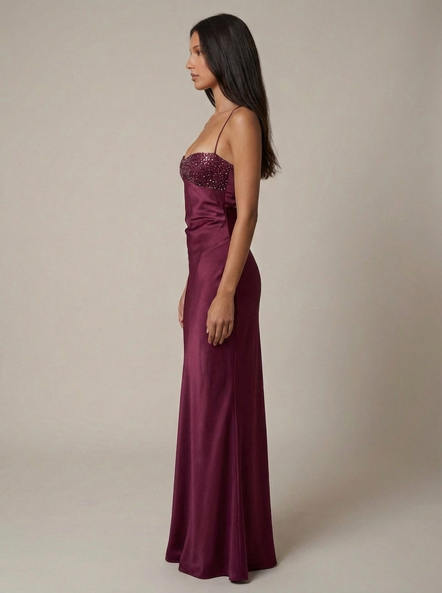 Women's Satin Maxi Dress Beaded Bustier Halter Neck