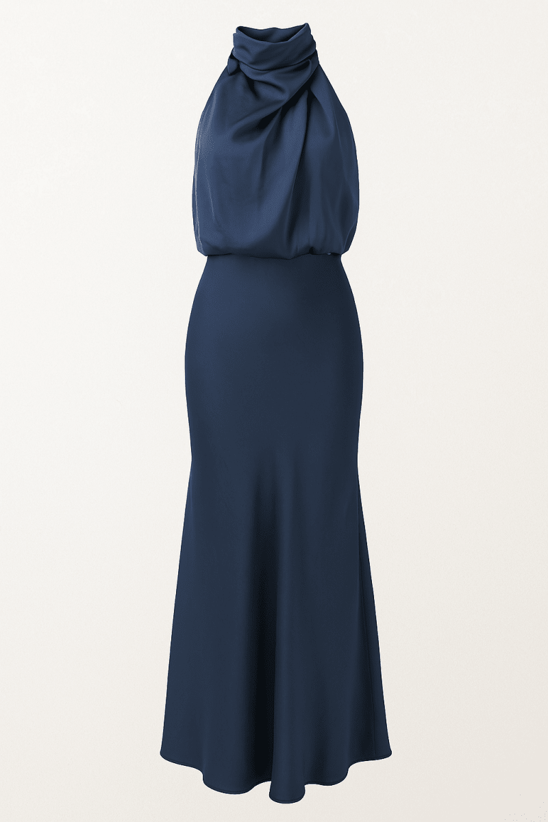 Women’s High - Neck Maxi Dress – Elegant Draped Silhouette for Evening and Formal Events