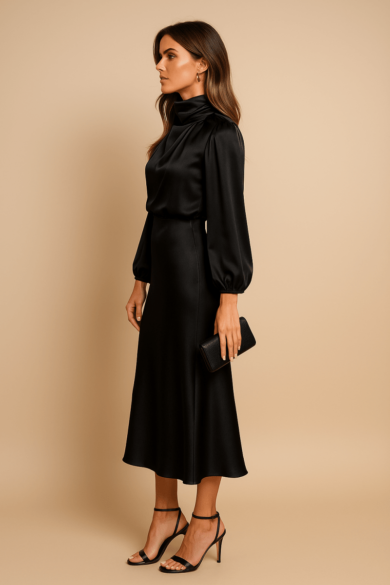 Women’s High Neck Midi Dress – Refined High - Waist Silhouette with Elegant Flow