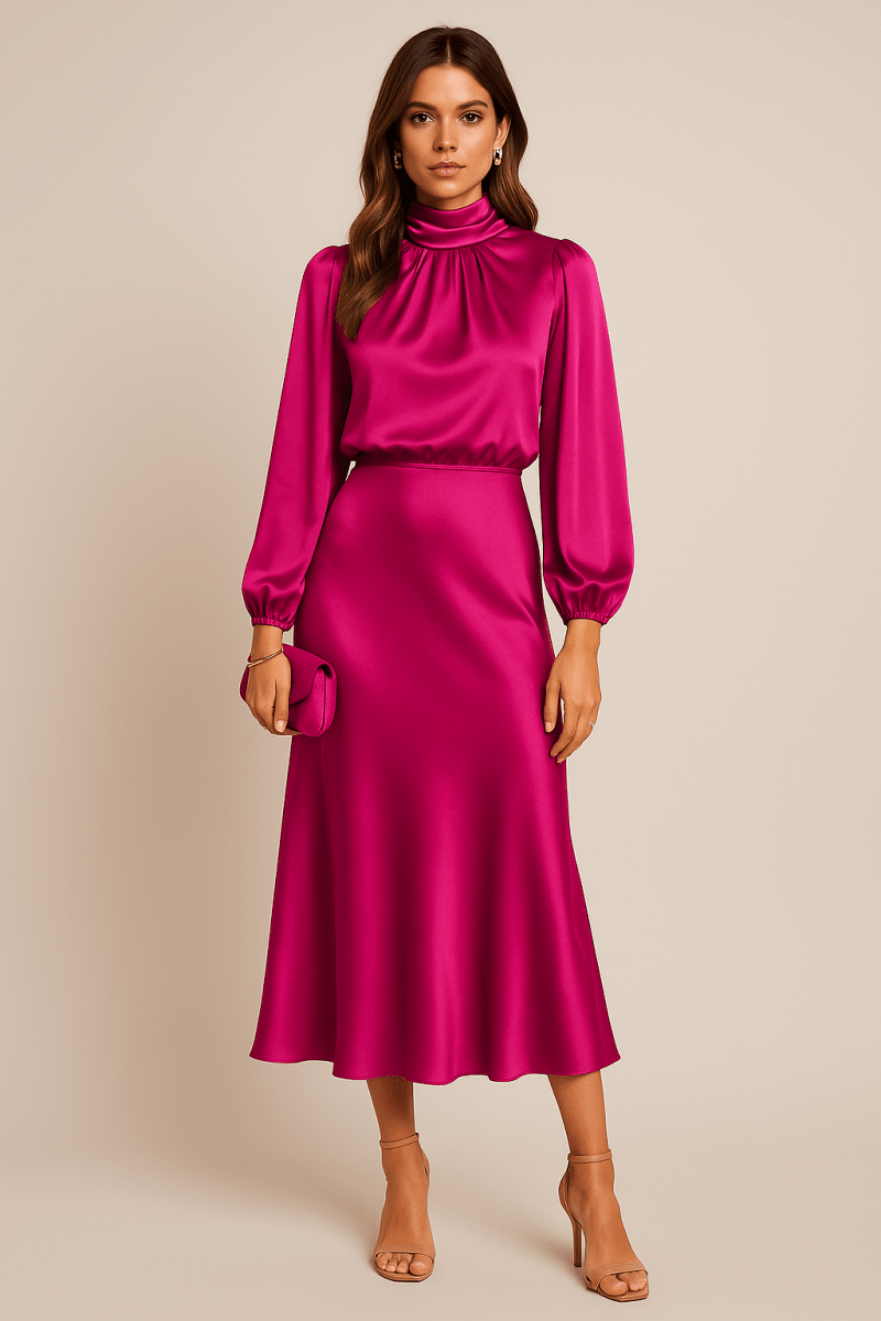 Women’s High Neck Midi Dress – Refined High - Waist Silhouette with Elegant Flow
