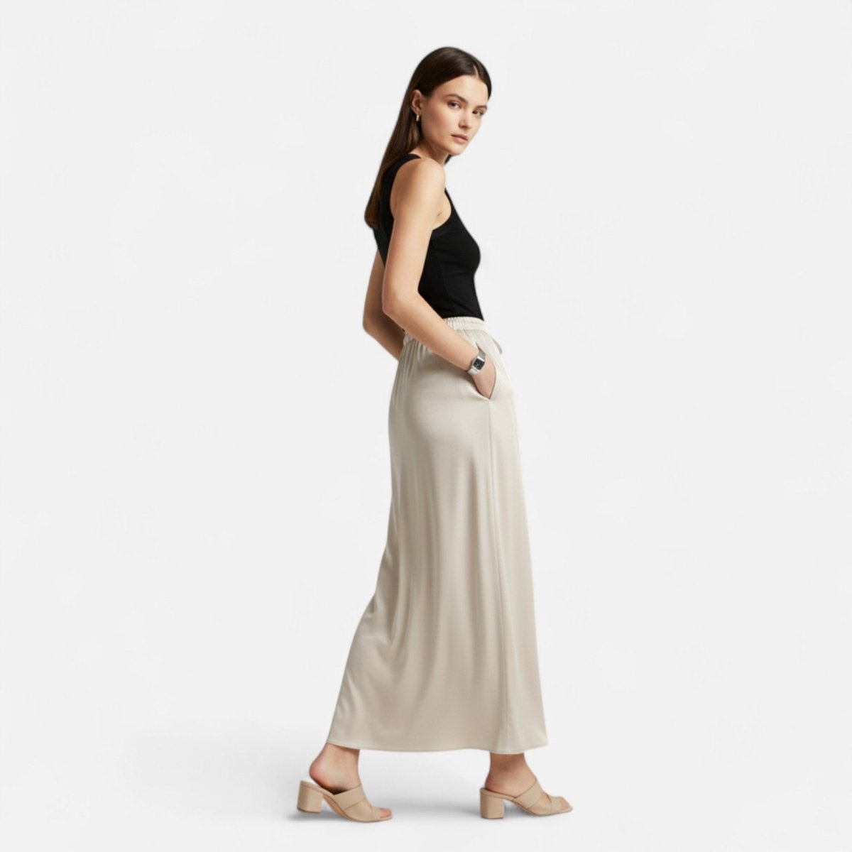 Women’s High - Waist Maxi Skirt with Fluid Silhouette and Elegant Draped Finish