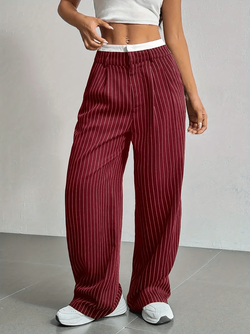 Women’s High Waist Straight Leg Pants with Vertical Stripe Pattern and Front Closure