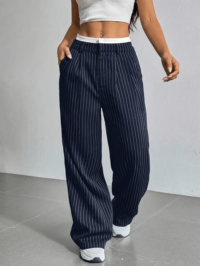 Women’s High Waist Straight Leg Pants with Vertical Stripe Pattern and Front Closure