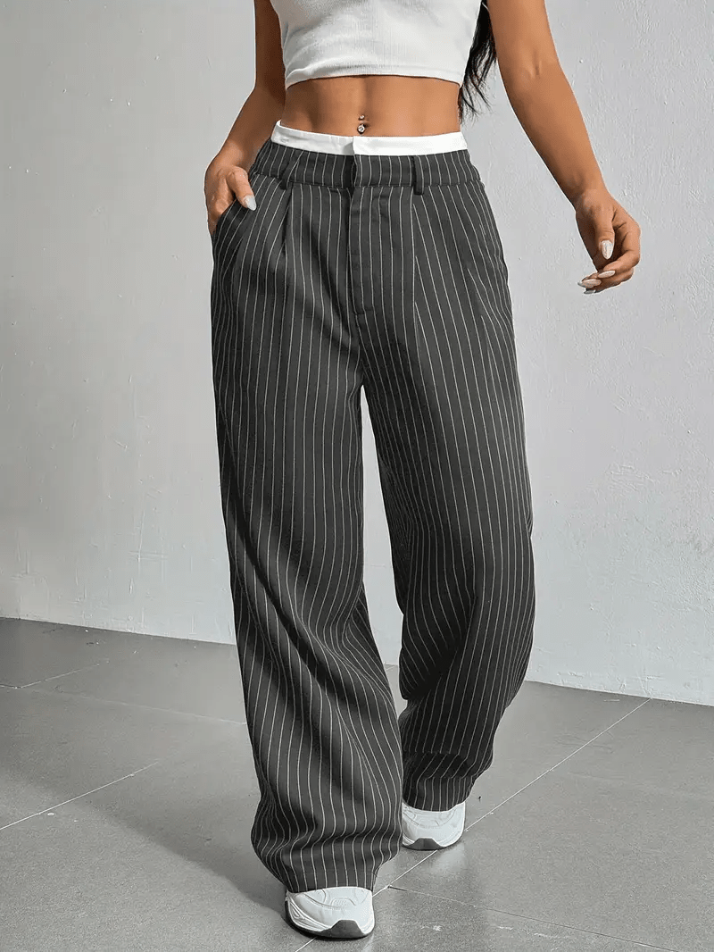 Women’s High Waist Straight Leg Pants with Vertical Stripe Pattern and Front Closure