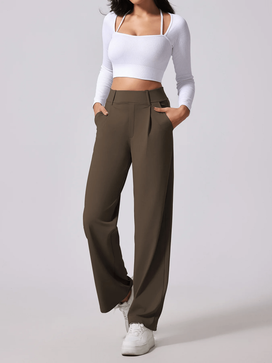 Women’s High - Waist Wide - Leg Pants with Front Pleats and Side Pockets