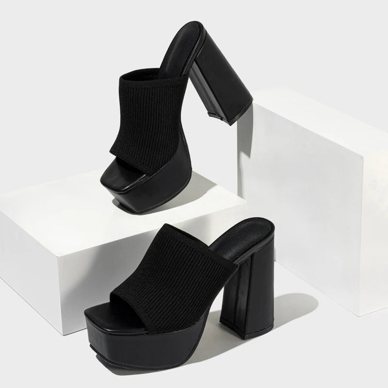 Women’s Knit Strap Platform Mule Heels – Open Toe Block Heel Slip - On Sandals