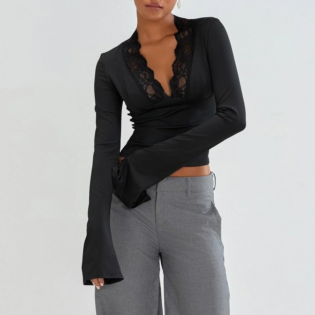 Women’s Lace Bell Sleeve Top with V - Neck Silhouette for Elegant Styling