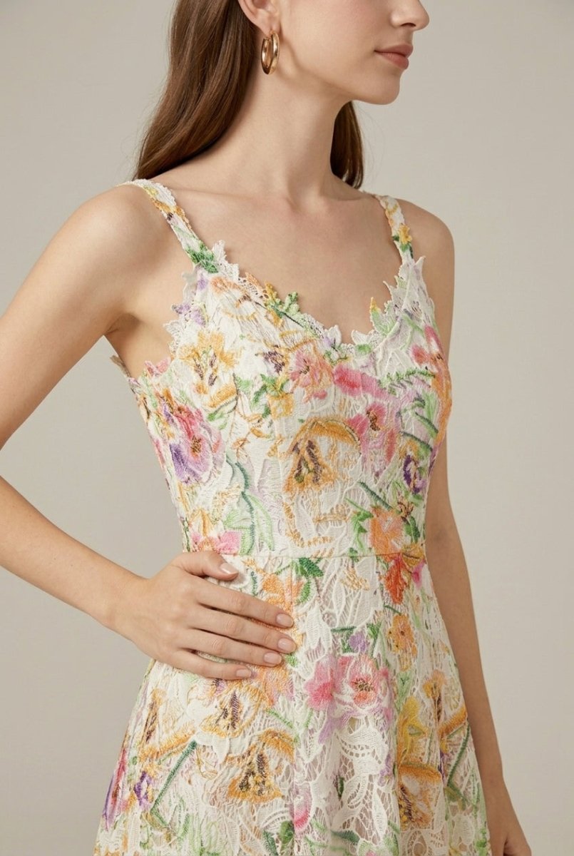 Women's Lace Floral Embroidered A - Line Midi Dress