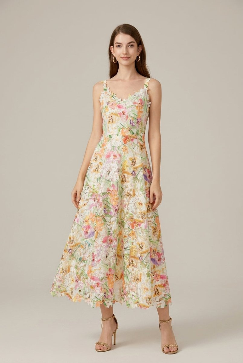 Women's Lace Floral Embroidered A - Line Midi Dress
