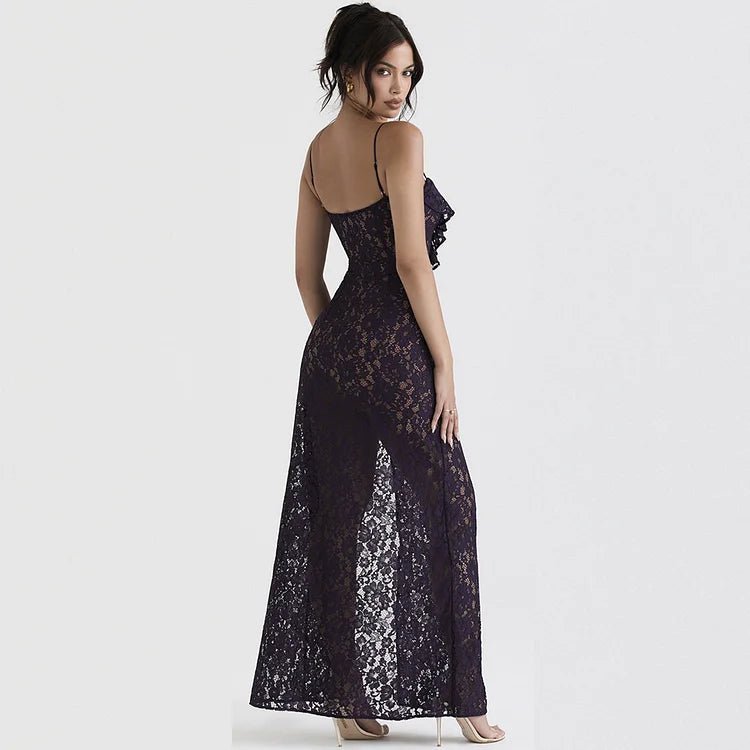 Women’s Lace Maxi Dress with Spaghetti Straps Deep V - Neck and High Side Slit