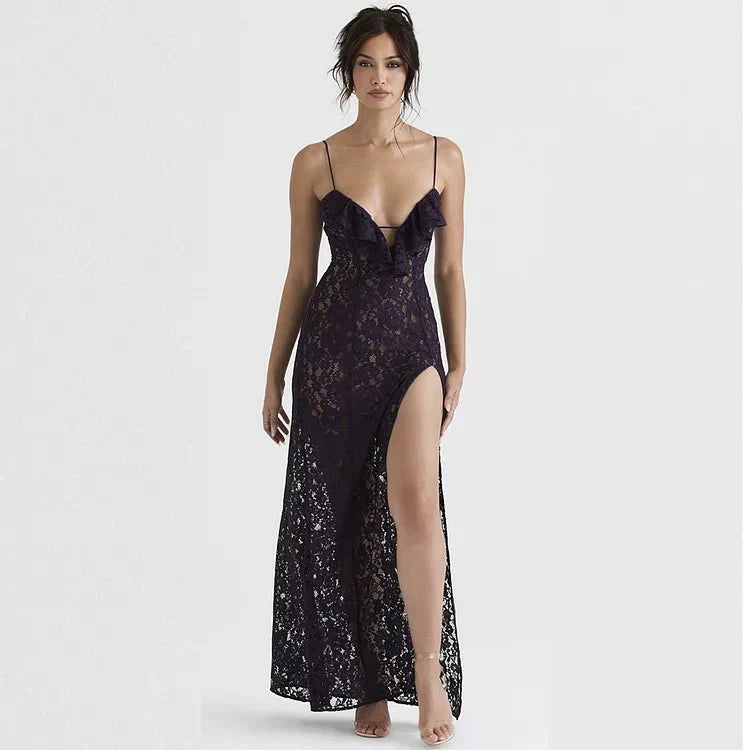Women’s Lace Maxi Dress with Spaghetti Straps Deep V - Neck and High Side Slit