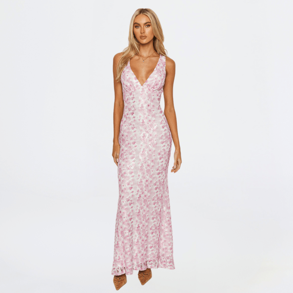 Women’s Lace Maxi Dress with V - Neck and Open Back – Wedding Guest Dress