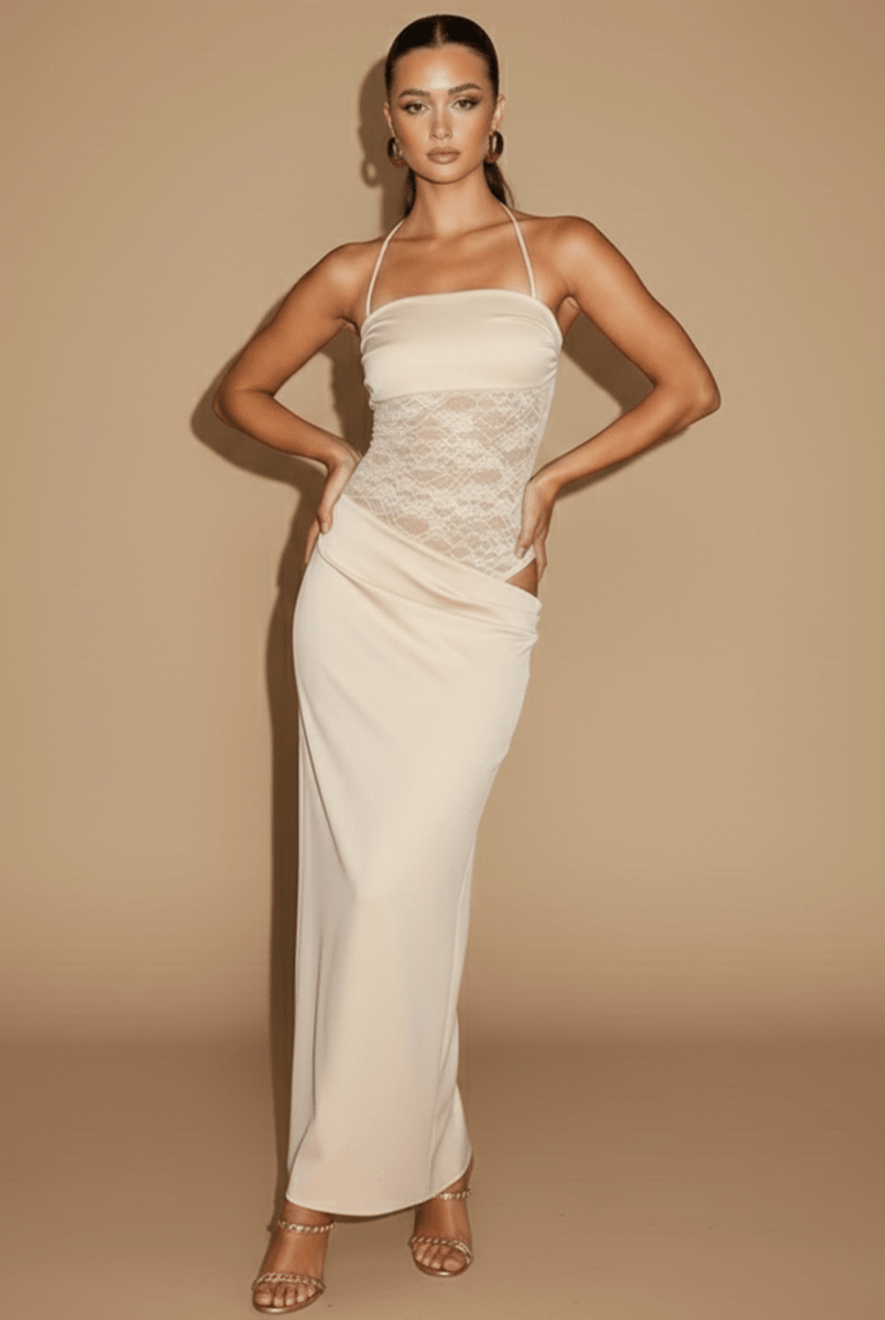 Women’s Lace Panel Maxi Dress with Tie Straps – Sleek Evening Silhouette