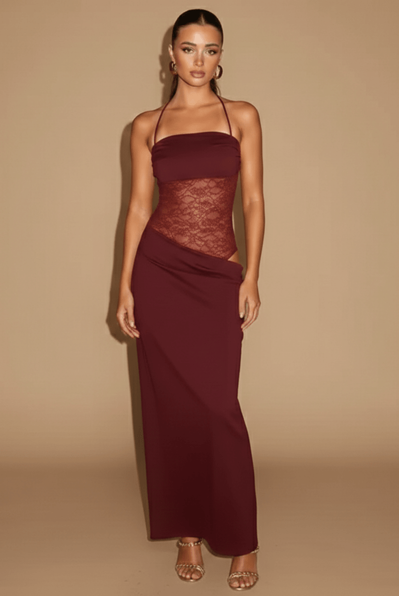 Women’s Lace Panel Maxi Dress with Tie Straps – Sleek Evening Silhouette