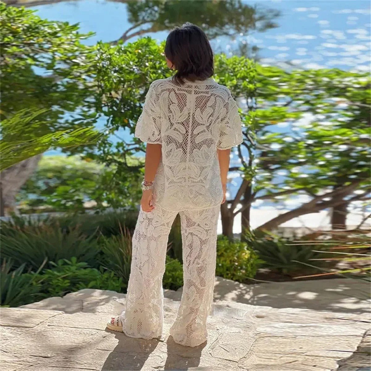 Women’s Lace Two - Piece Set with Short Sleeve Top and Wide - Leg Pants