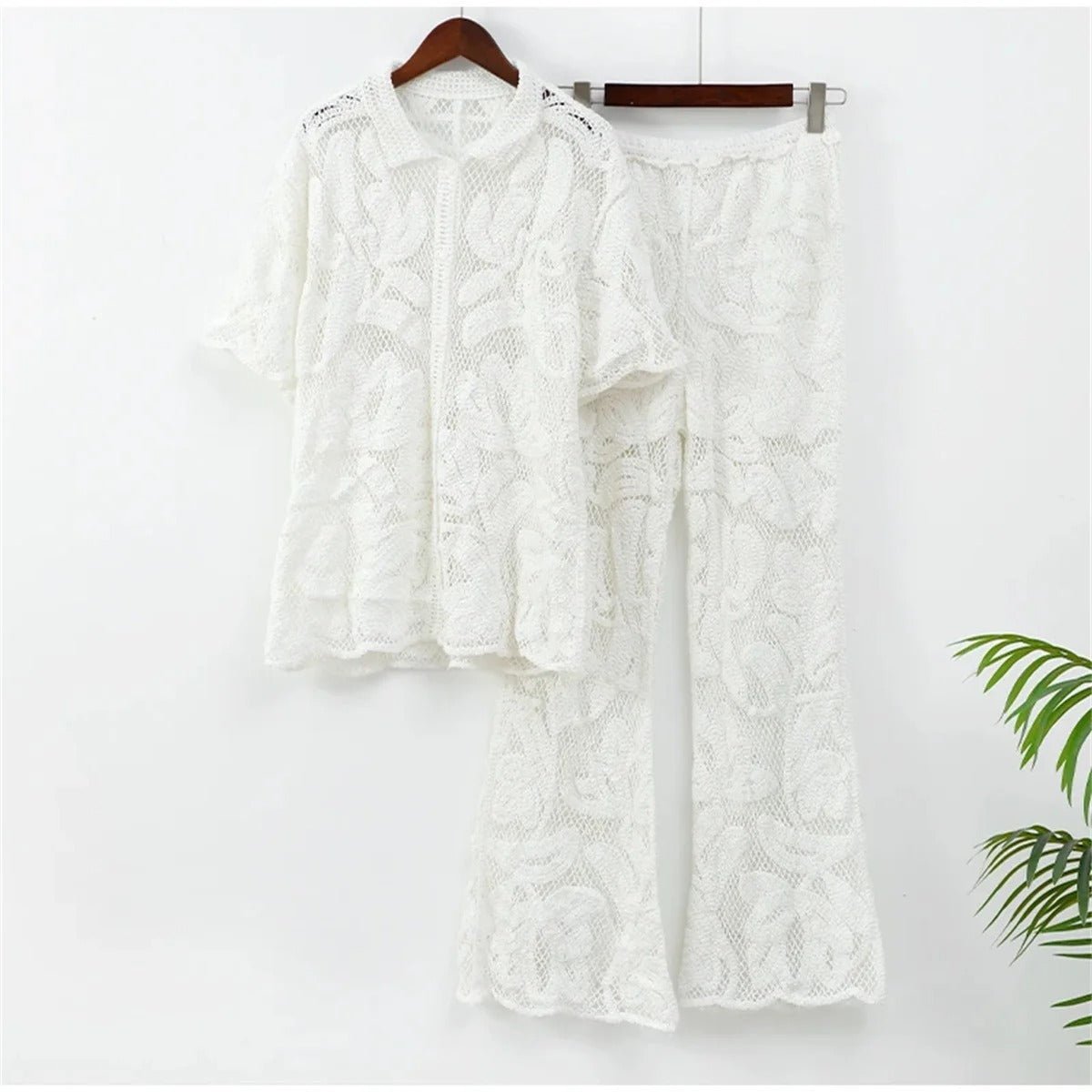 Women’s Lace Two - Piece Set with Short Sleeve Top and Wide - Leg Pants
