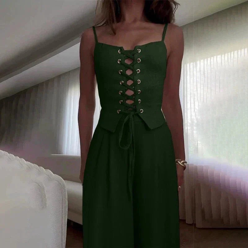 Women’s Lace - Up Corset Top and Wide Leg Pants Set